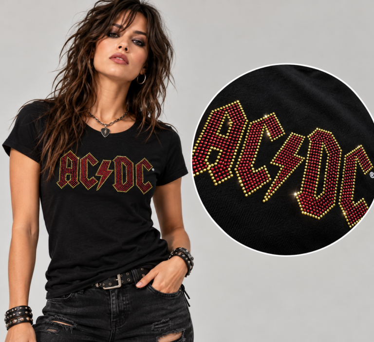 AC/DC Full Colour Logo Black Embellished Ladies T-Shirt