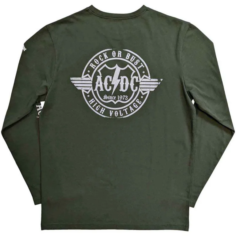 AC/DC Rock Or Bust Green Back & Sleeve Print Long Sleeve T-Shirt