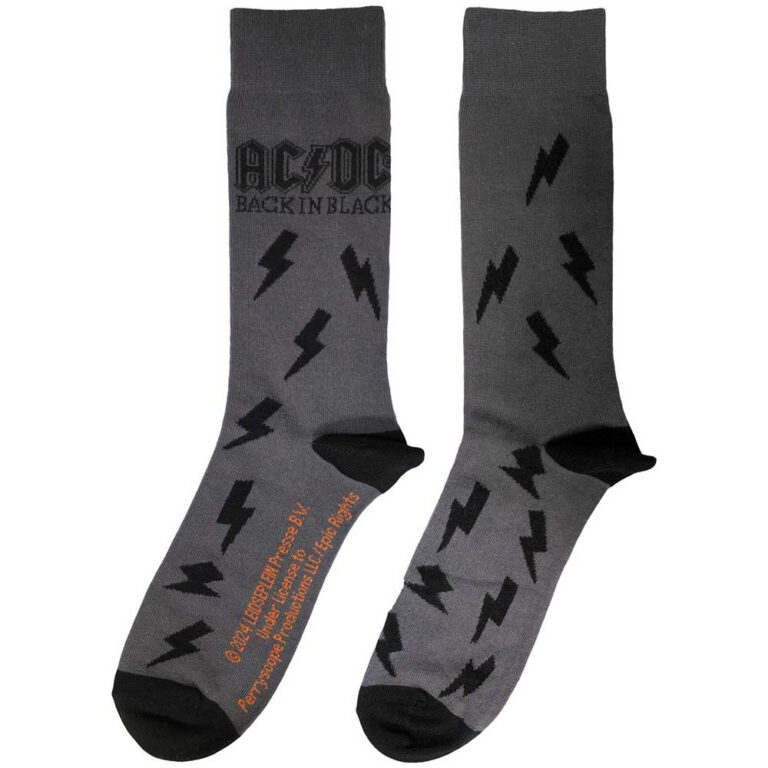 AC/DC Unisex Back in Black Bolts Charcoal Grey UK Size 6 – 11 Socks