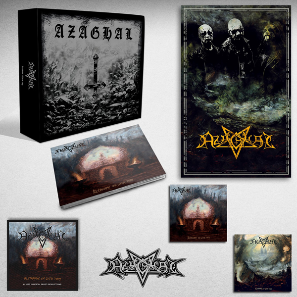 Azaghal – ALTTARIMME ON LUISTA TEHTY (DIGIPACK +24 PAGE BOOKLET & POSTER WITH EXCLUSIVE MERCH:FLAG, CREST METAL LOGO PIN, WOVEN PATCH & 2 ALBUM COVER STICKERS) CD Box Set