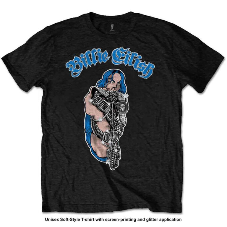 Billie Eilish Bling Glitter Print Black Embellished T-Shirt