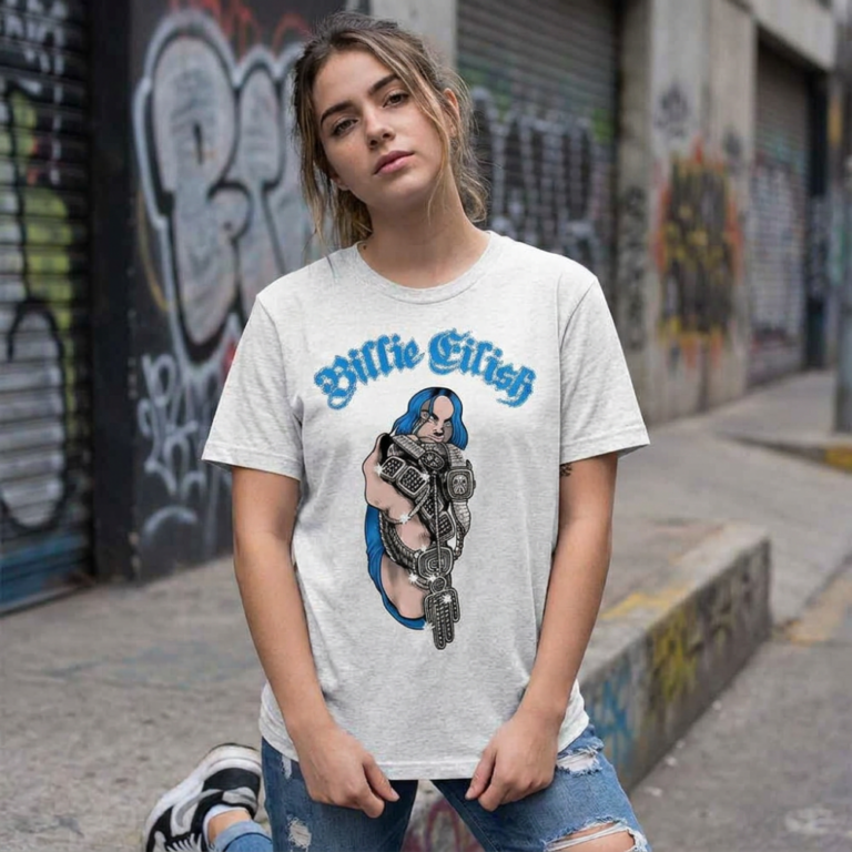 Billie Eilish Bling Glitter Print White Embellished T-Shirt