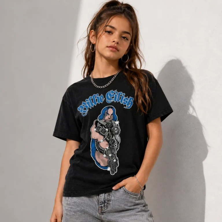 Billie Eilish Bling Glitter Print Black Embellished T-Shirt