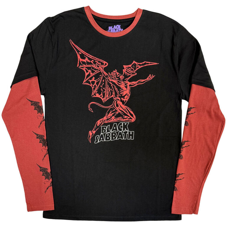 Black Sabbath Unisex 2 In 1 Layered Long Sleeve T-Shirt: Red Henry Wavy Logo Black & Red Sleeve Print T-Shirt