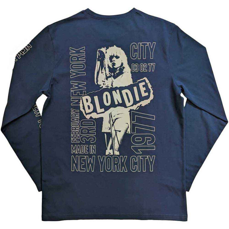 Blondie NYC ’77 Denim Blue Back & Sleeve Print Long Sleeve T-Shirt