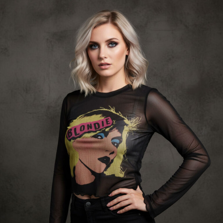 Blondie Ladies Long Sleeve Mesh Crop Top: Punk Poster Black T-Shirt