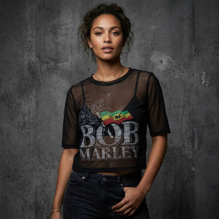 Bob Marley Ladies Mesh Crop Top: Logo Black T-Shirt