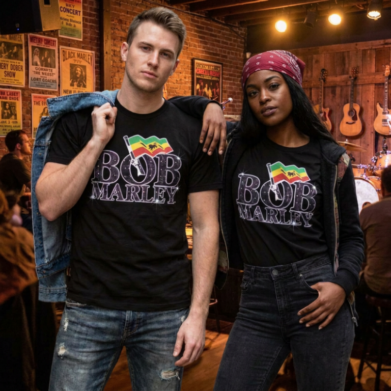 Bob Marley Flag Logo Black Embellished T-Shirt