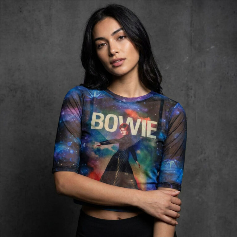 David Bowie Ladies Mesh Crop Top: Moonage 11 Fade Blue T-Shirt