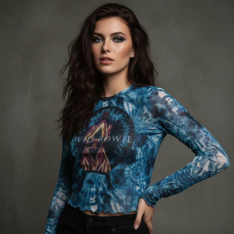 David Bowie Ladies Long Sleeve Mesh Crop Top: Live & Well Blue T-Shirt