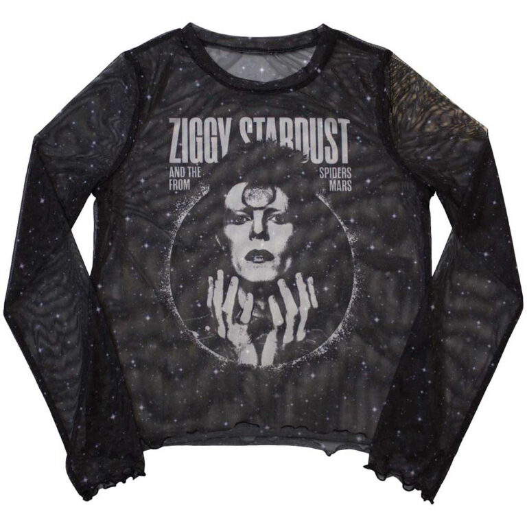 David Bowie Ladies Long Sleeve Mesh Crop Top: Ziggy v1 Black T-Shirt