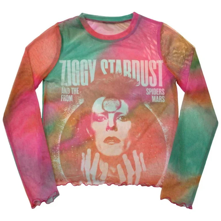David Bowie Ladies Long Sleeve Mesh Crop Top: Ziggy v2 Orange T-Shirt