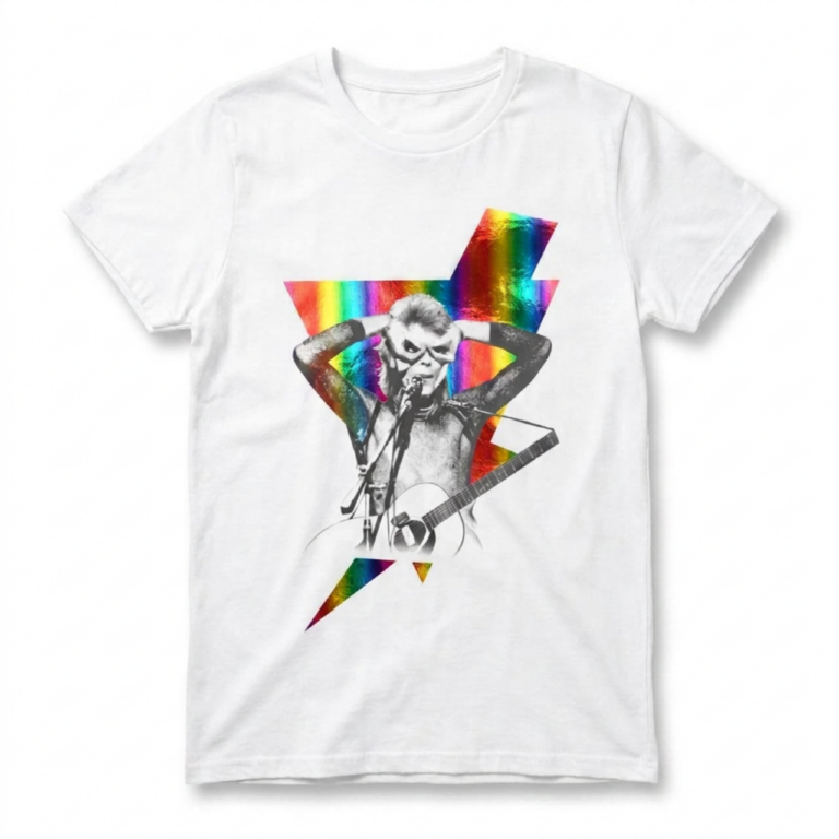 David Bowie Holographic Bolt Foiled Print White Embellished T-Shirt