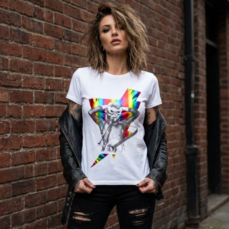 David Bowie Holographic Bolt Foiled Print White Embellished T-Shirt