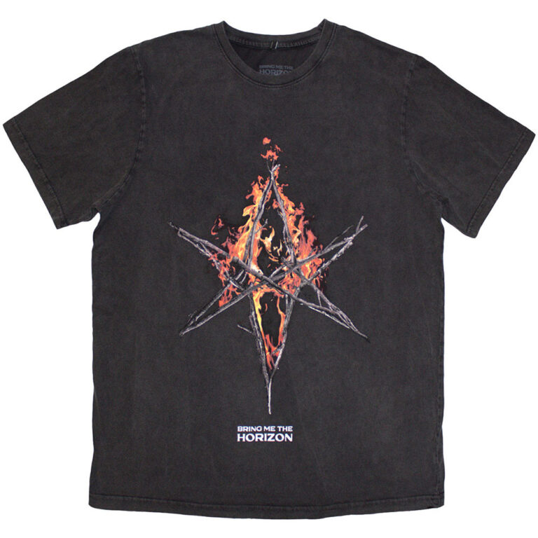 Bring Me The Horizon Flame Hex & Text Logo Grey Wash Wash Collection T-Shirt