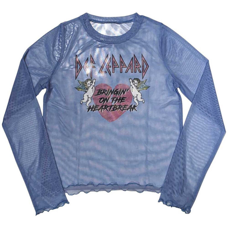 Def Leppard Ladies Long Sleeve Mesh Crop Top: Bringin On The Heartbreak Blue T-Shirt
