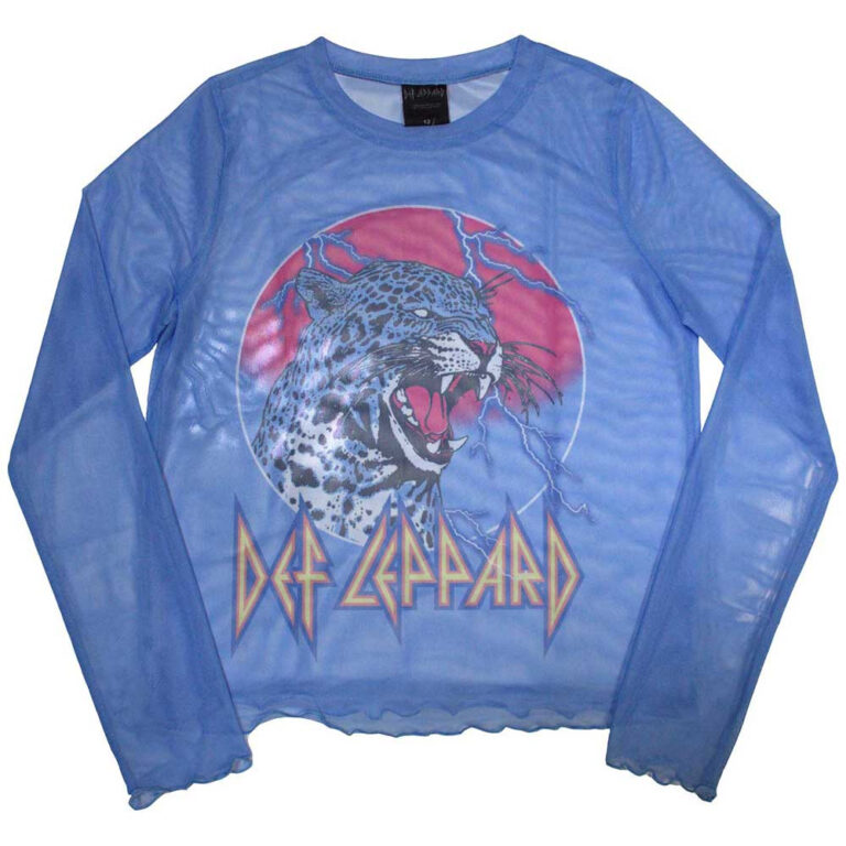 Def Leppard Ladies Long Sleeve Mesh Crop Top: Lightning Leopard Blue T-Shirt