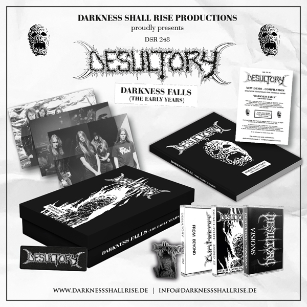 Desultory – DARKNESS FALLS [THE EARLY YEARS] (3-TAPE BOX, HARDCOVER BOOK, POSTERS, METAL-PIN, PATCH & CERTIFICATE) Music Cassette