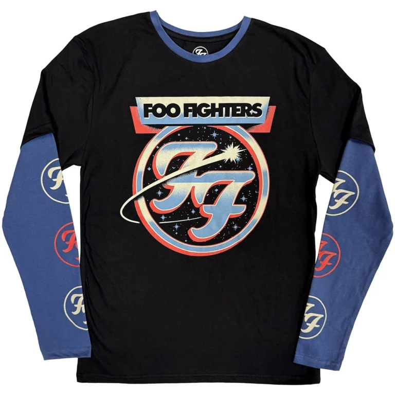 Foo Fighters Unisex 2 In 1 Layered Long Sleeve T-Shirt: Comet Black & Denim Blue Sleeve Print T-Shirt