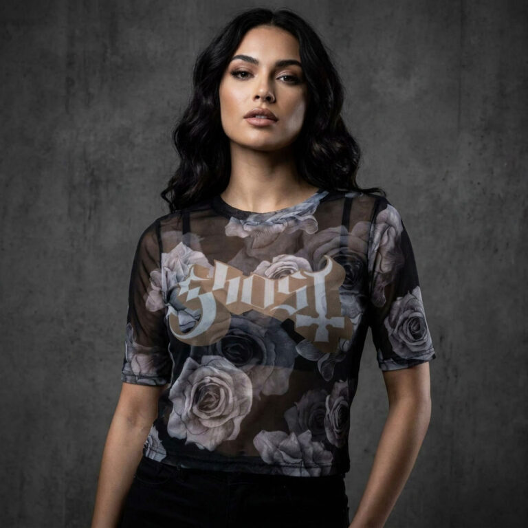 Ghost Ladies Mesh Crop Top: Logo & Roses Black T-Shirt
