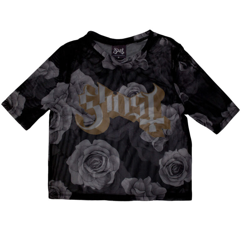 Ghost Ladies Mesh Crop Top: Logo & Roses Black T-Shirt
