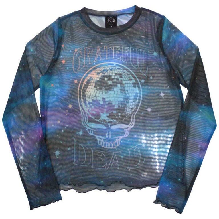 Grateful Dead Ladies Long Sleeve Mesh Crop Top: Stealy Glitter Ball Blue T-Shirt