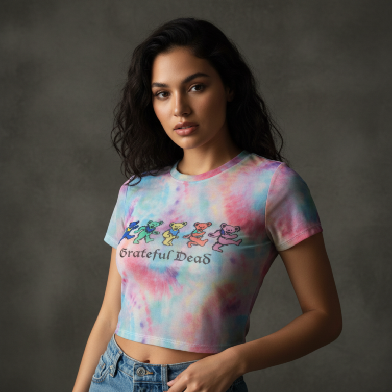 Grateful Dead Ladies Mesh Crop Top: Dancing Bears Light Blue T-Shirt