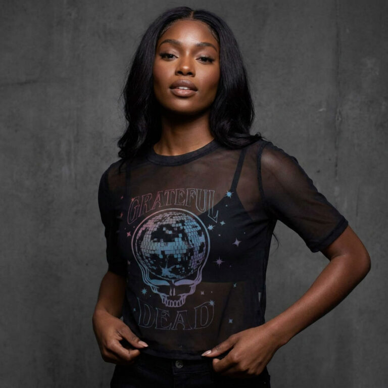Grateful Dead Ladies Mesh Crop Top: Stealy Glitter Ball Black T-Shirt