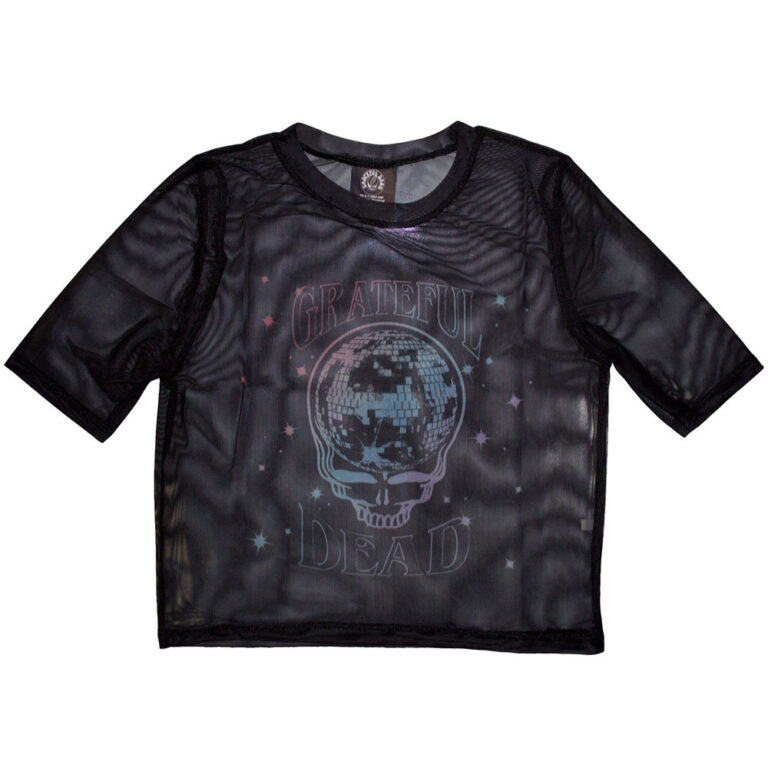 Grateful Dead Ladies Mesh Crop Top: Stealy Glitter Ball Black T-Shirt