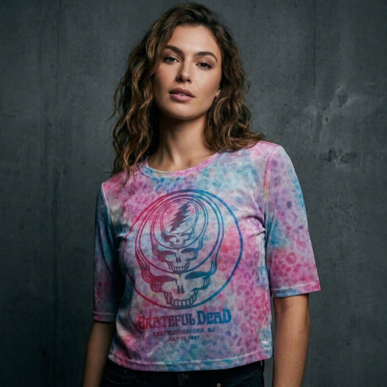 Grateful Dead Ladies Mesh Crop Top: Concentric Skulls Light Blue T-Shirt
