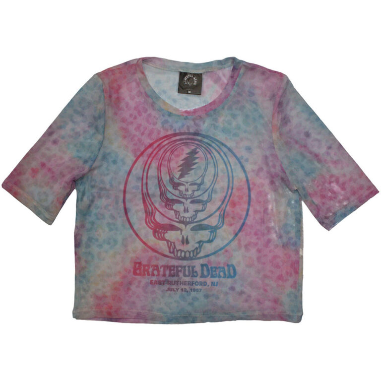 Grateful Dead Ladies Mesh Crop Top: Concentric Skulls Light Blue T-Shirt