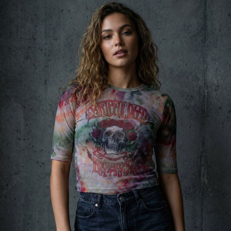 Grateful Dead Ladies Mesh Crop Top: Stony Brook Bertha White T-Shirt