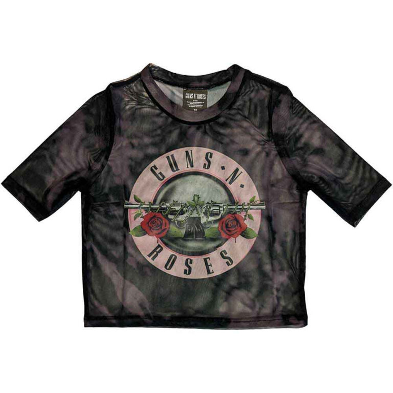 Guns N’ Roses Ladies Mesh Crop Top: Pink Tint Bullet Logo Black T-Shirt