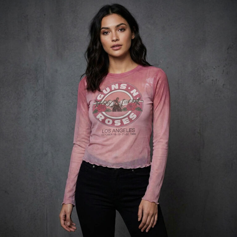 Guns N’ Roses Ladies Long Sleeve Mesh Crop Top: Bullet Seal Pink T-Shirt