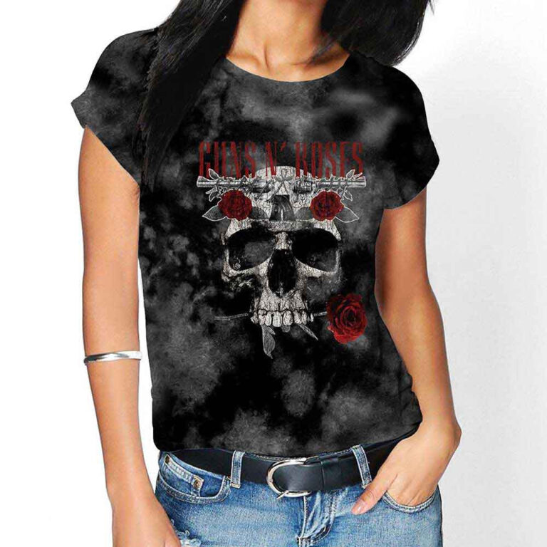 Guns N’ Roses Flower Skull Dip-Dye On Grey Wash Collection T-Shirt