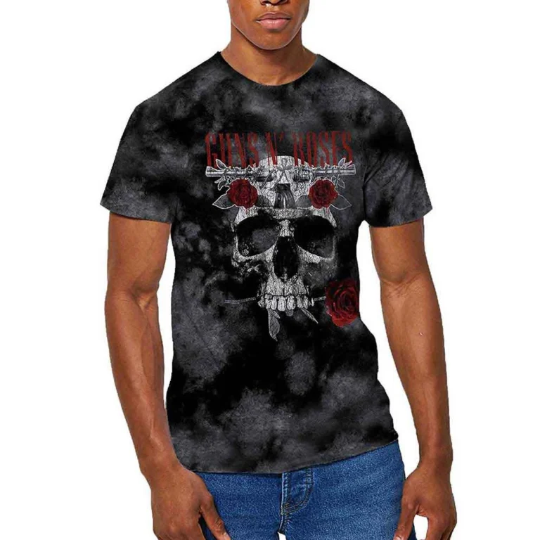 Guns N’ Roses Flower Skull Dip-Dye On Grey Wash Collection T-Shirt