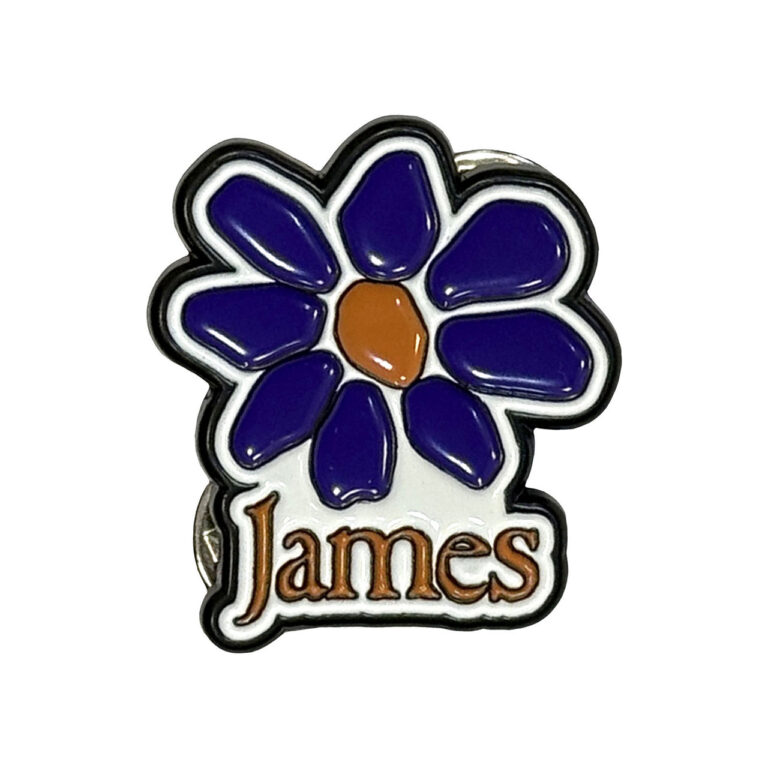 James Orange Logo Purple Daisy Pin Badge