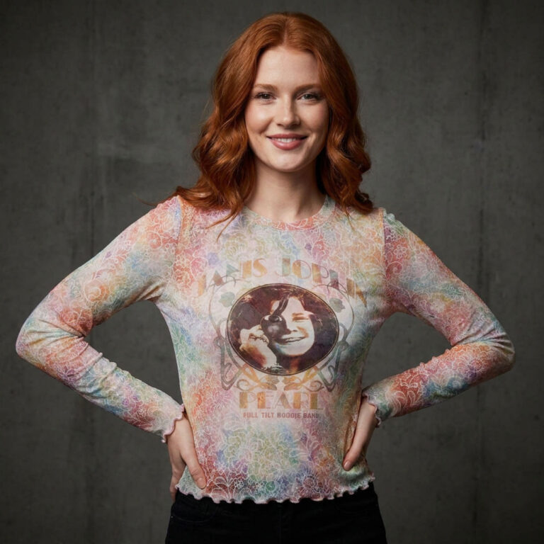 Janis Joplin Ladies Long Sleeve Mesh Crop Top: Pearl White T-Shirt