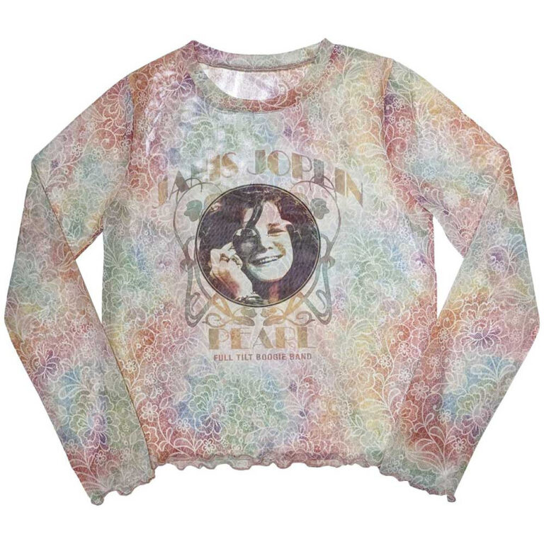 Janis Joplin Ladies Long Sleeve Mesh Crop Top: Pearl White T-Shirt