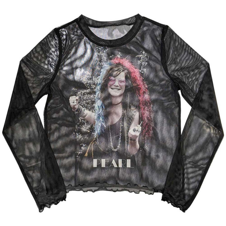 Janis Joplin Ladies Long Sleeve Mesh Crop Top: Pearl Garden Black T-Shirt