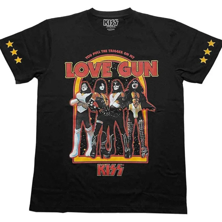 KISS Love Gun Stars (Black) (Sleeve Print) T-Shirt