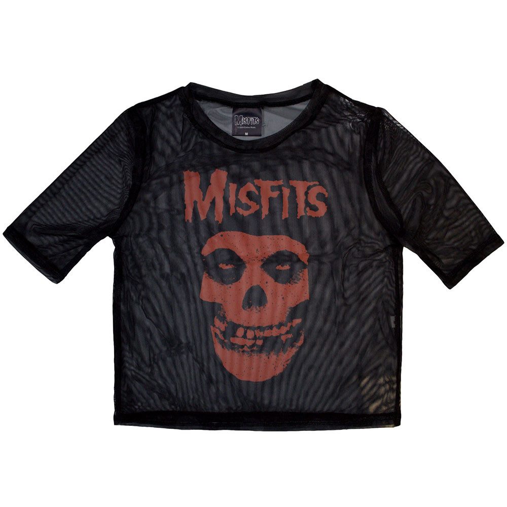 Misfits Ladies Mesh Crop Top: Orange Logo & Skull Black T-Shirt