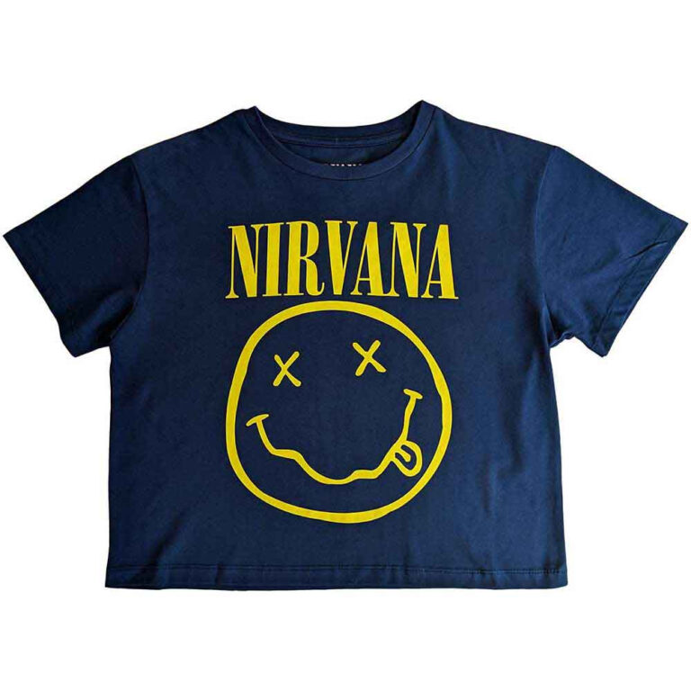 Nirvana Yellow Happy Face Flower Sniffin (Denim Blue) Ladies Crop Top