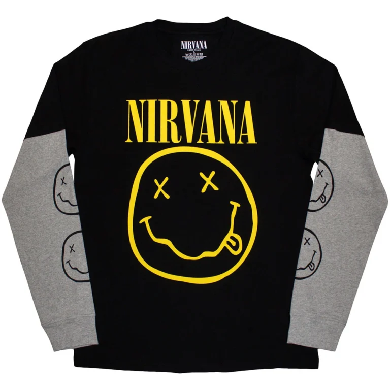 Nirvana Unisex 2 In 1 Layered Long Sleeve T-Shirt: Yellow Happy Face Black & Grey Sleeve Print T-Shirt