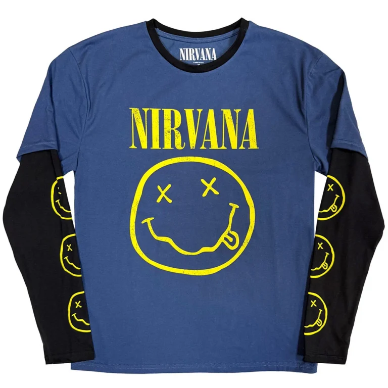 Nirvana Unisex 2 In 1 Layered Long Sleeve T-Shirt: Yellow Happy Face Denim Blue & Black Sleeve Print T-Shirt