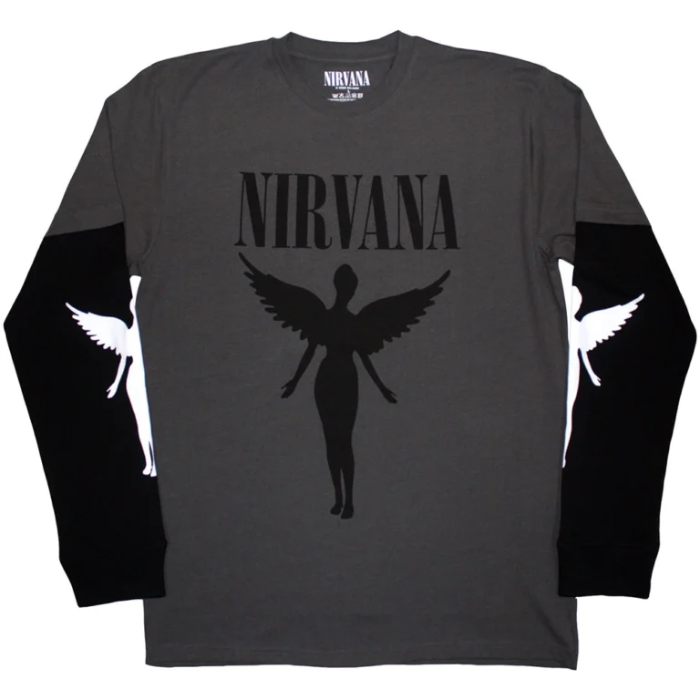 Nirvana Unisex 2 In 1 Layered Long Sleeve T-Shirt: In Utero Mono Charcoal Grey & Black Sleeve Print T-Shirt
