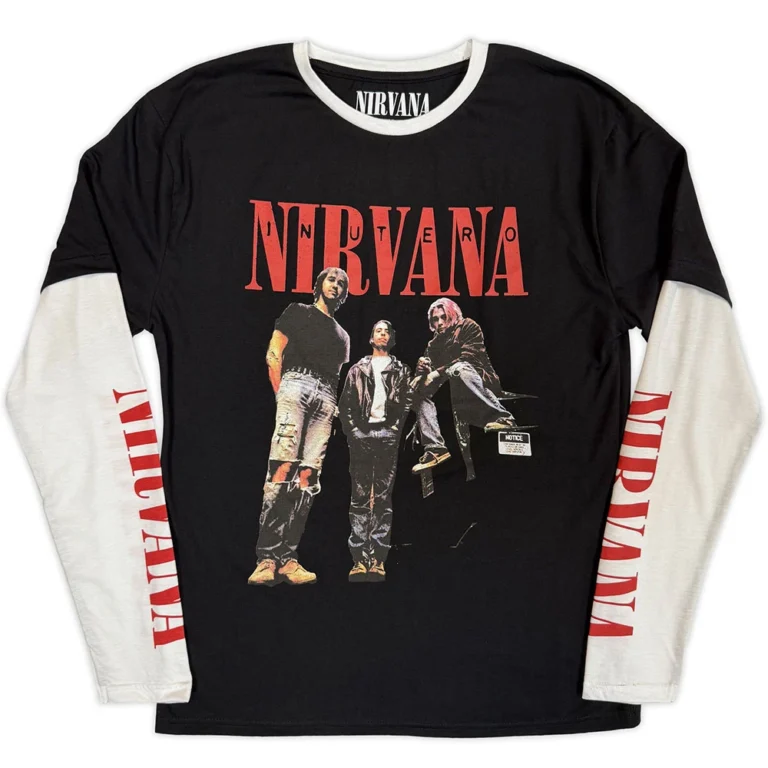 Nirvana Unisex 2 In 1 Layered Long Sleeve T-Shirt: In Utero Band Photo Black & White Sleeve Print T-Shirt