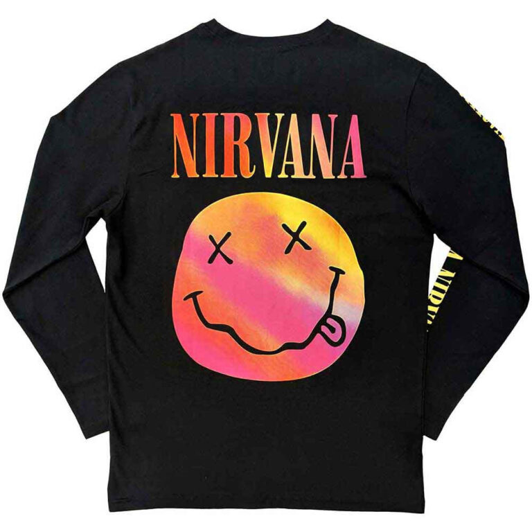 Nirvana Gradient Happy Face (Black) (Back & Sleeve Print) Long Sleeve T-Shirt