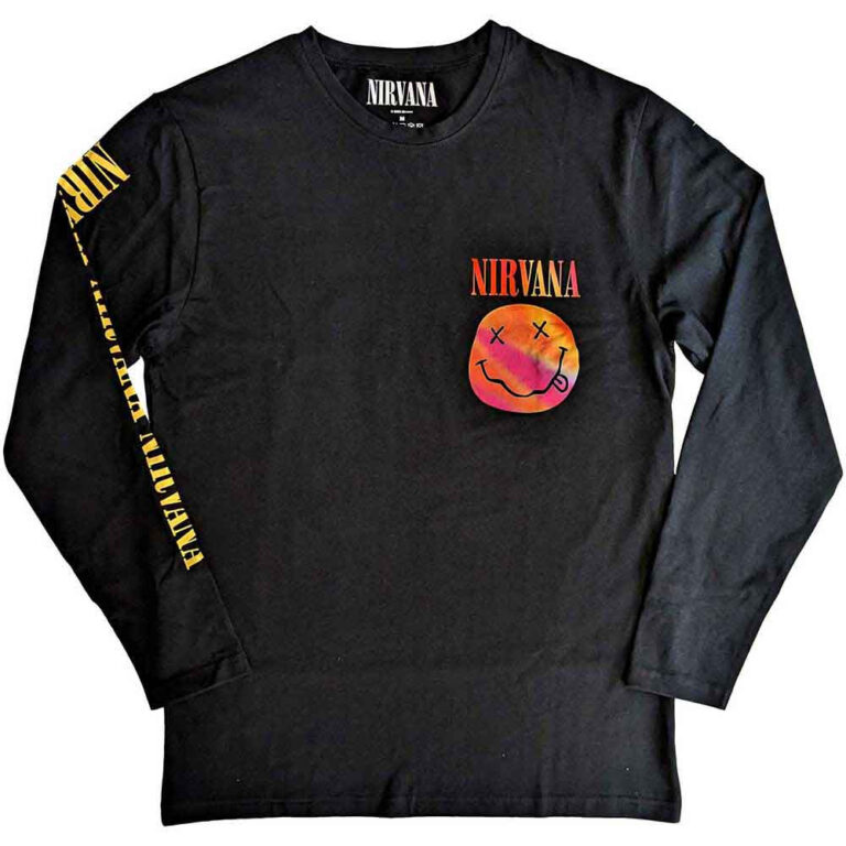 Nirvana Gradient Happy Face (Black) (Back & Sleeve Print) Long Sleeve T-Shirt