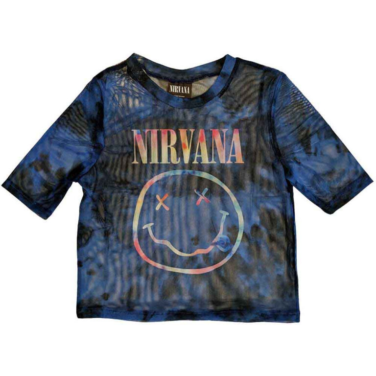 Nirvana Ladies Mesh Crop Top: Pastel Happy Face Blue T-Shirt